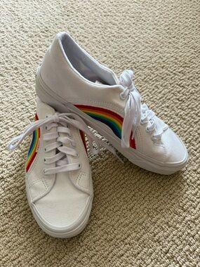 New Vans White Canvas Sneakers with Rainbow Stripe